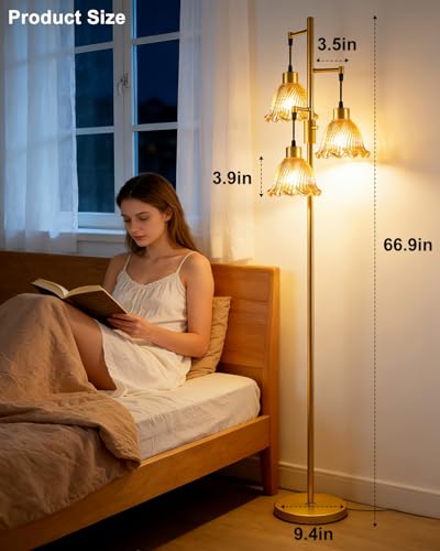 Image of Lightdot Glass Floor Lamps for Living Room, 3-Light Dimmable Floor Lamp with Amber Glass Shade& E12 Bulbs Included, Mid Century Standing Tall Lamp with 5Lbs Heavy Base for Bedroom /Sofa Beside-Gold