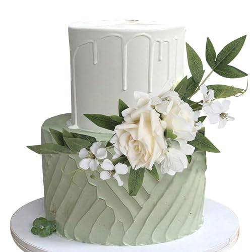 Rsstarxi 1 Pack Assembled Artificial Flower Mother's Day Cake Topper White Rose Flower Artificial Leaves Cake Pick Decoration for DIY Wedding Bithday Valentine's Day Party Cake Decorations Supplies