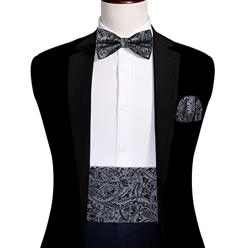 Image of Barry.Wang Men Silk Paisley Cummerbund and Pre-tied Bowtie Handkerchief Cufflink Set for Tuxedo
