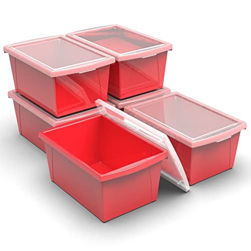 Image of Storex 5.5 Gallon Storage Bin with Lid - Plastic Classroom Organizer for Books and Supplies, Red, 6-Pack (62745U06C)