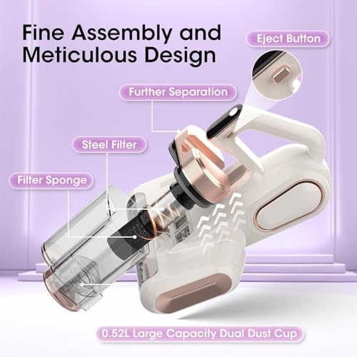 Image of Mattress Vacuum Cleaner Cordless 16Kpa Bed Handheld Vacuum, Vacuum Cleaner with 253.7nm UV-C Light,HEPA Filter & Ultrasonic, Portable Vacuums for Bed Sofa Couch Crib Gifts for women men her white