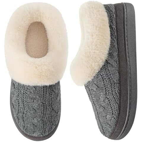 HomeTop Women's Knit Clog Slippers Comfy Warm Memory Foam Non-slip Indoor House Shoes with Fuzzy Collar Grey, 9 US Cover