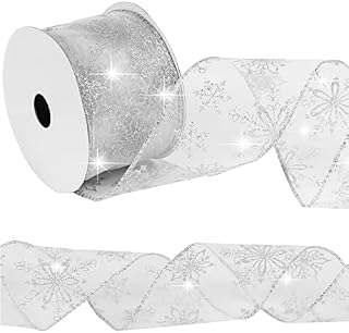 11Yard Glitter Metallic Sparkle Snowflake Ribbons, 2.5inch Organza Ribbon Snowflake Wired Sheer Glitter Ribbon with Spool for Christmas Decoration Gift Wrapping DIY Crafts Bows Wreaths (Silver)