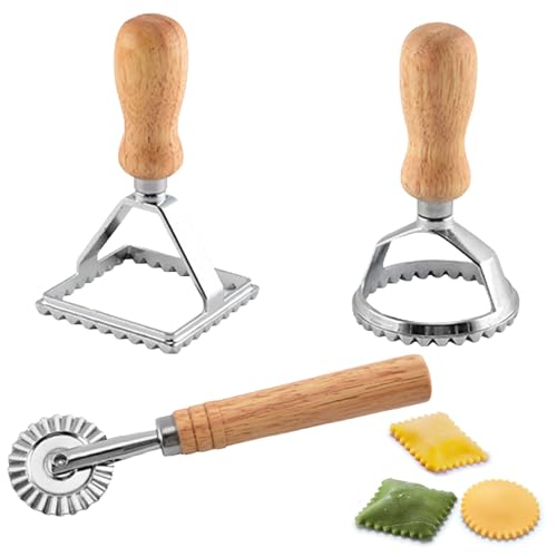 Ravioli Stamp Maker Cutter 3 Pcs Ravioli Cutter Set Pasta Maker Mold with Wooden Handle and Fluted Edge Raviolis Cutters and Press Stamp for Pasta Dumplings Lasagna Pierogi