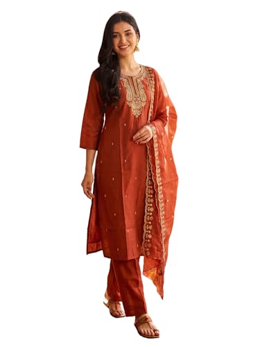Image of INDO ERA Women's Silk Blend Embroidered Thread Work Kurta & Pant with Dupatta Set | Suit Set For Women