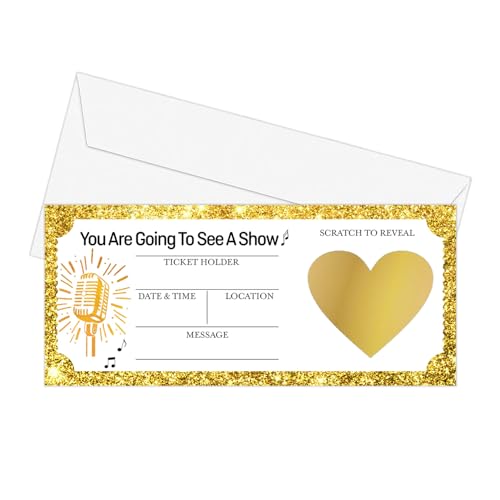 Golden Ticket Carte à gratter personnalisable avec enveloppe, billet de concert, cadeau surprise pour homme et femme