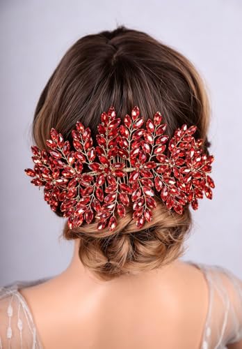 Peine para cabello de boda con cristales grandes rojo miniatura 3