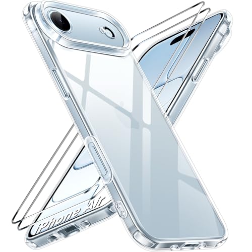 ivoler 3-in-1 Clear Case Designed for iPhone Air 6.5 2025 with 2 Pack Tempered Glass Screen Protector Military Shockproof Hard Back Slim for iPhone 17 Air Cover - Clear