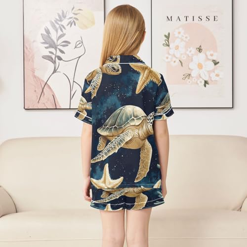 Satin Pajama Sets Short Sleeve Sea Turtle Starfish Pattern Button Down Silky Nightwear 2 Piece PJS 5-14Y4