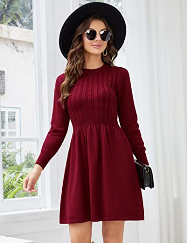 KOJOOIN Women Long Sleeve Knitted Crewneck High Waist A-Line Cute Mini Sweater Dress2