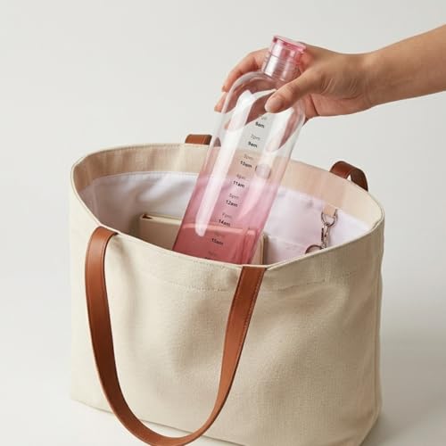 Image of Borosilicate Glass Water Bottles with Cap, Transparent Water Bottle 1000ML Glass Motivational Bottle with Time Marker Cute Glass Milk Juice Drinking Bottles for Women - Pink
