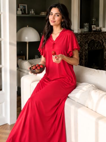 Image of 9shines Label Stylish Soft Modal Maxi Nighty | Honeymoon Nighty | Full Length Trendy Nightgown | V-Neck Lace | Premium Nightdress | Soft Long Nightdress | Maxi Gown Nightwear for Women (Malai Satin)