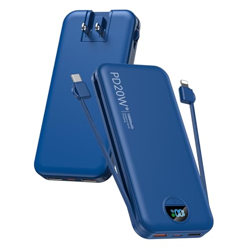 Portable Charger Power Bank, 10000mAh PD20W USB C Fast Charging with Built-in Cables & Wall Plug, 5-in-1 External Battery Pack with LED Display, Perfe