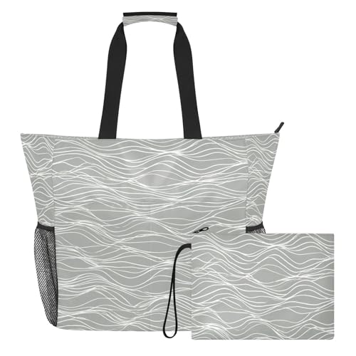 Sac de plage rayé gris grand format cabas de voyage léger avec poches en maille