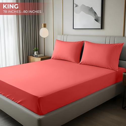 Image of Utopia Bedding King Fitted Sheet - Bottom Sheet - Deep Pocket - Soft Microfiber - Shrinkage and Fade Resistant - Easy Care -1 Fitted Sheet Only (Coral)