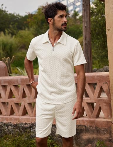 Image of URRU Mens Textured Polo Shirt and Shorts Sets Outfits 2 Piece Summer Tracksuits Casual Quarter Zip Golf Polo Shirts