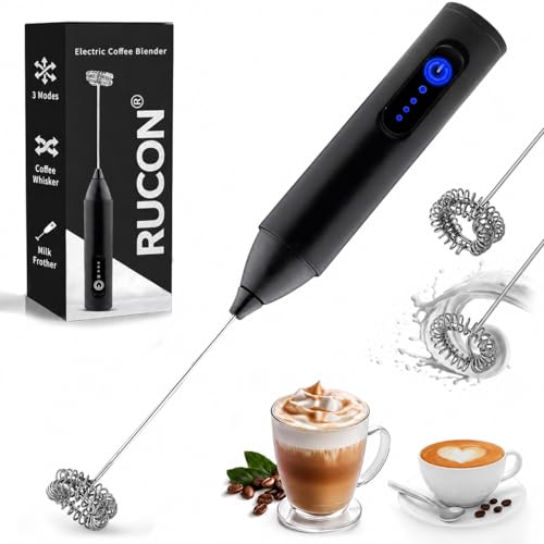 Image of RUCON Coffee Frother Electric Blender Wand 3 Speed Modes Rechargable Mini Handheld Milk Frother with Stainless Steel Whisk Drink Mixer for Coffee Cappuccinos Matcha Coffee Enthusiasts Gift - Black