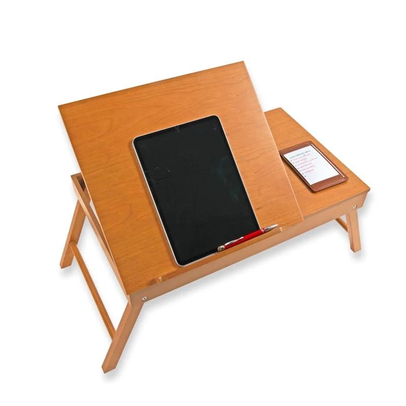Image of VASIL MART A Versatile Laptop Table or lapdesk with a Spacious Working Area for Home That is Made of Solid Mango Wood and is adjustablefoldable, with Phone and Tablet Holder .(Natural)