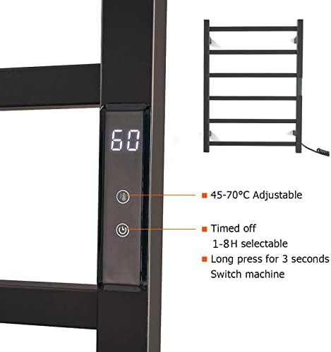 バスルーム用電気タオルウォーマー ブラック、壁掛け式 80W 加熱タオルラック タイミング機能付き、304ステンレススチール製加熱タ