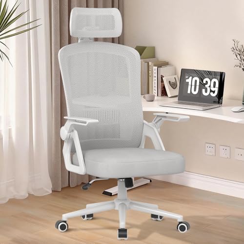 naspaluro Silla de Oficina Ergonómica, con Reposacabezas Ajustable, Reposabrazos Abatibles, Silla de Escritorio Giratoria con Soporte Lumbar, Respaldo Transpirable, Gris