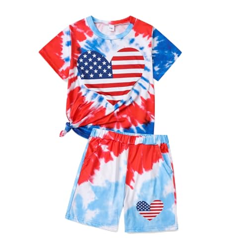 Image of 7-14Y Tween Girl Clothes 2 Piece Short Sleeve Tie Dye Heart Print Top and Shorts Teen Girl Summer Outfits Short Set