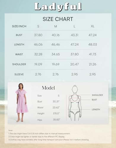 Image of Ladyful Women Casual Button Down Shirt Dress Short Wing Sleeve Buiness Midi Shirt Dress with Belt Elegant Dress