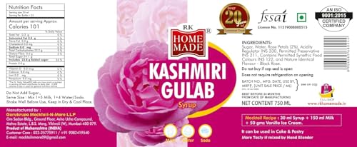 Image of RK HOME MADE NATURAL SYRUP | Real Kashmiri Gulab Syrup Crush Syrup | Gluten free | 100 % Vegan & Low fat | Easy to use | A perfect drink for house parties, picnics, & road trips to everyone's delight 750 - ML