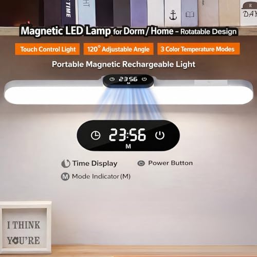 Image of One94Store Rechargeable LED Cabinet Light with Clock Display - Wireless Under Cabinet Lighting, 3 Color Dimmable Modes, 1200mAh Battery & Magnetic Mount for Kitchen, Closet & Bedroom, White