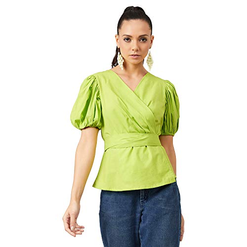Image of ATHENA LIFESTYLE Lime Green Puff Sleeves Solid Casual Top