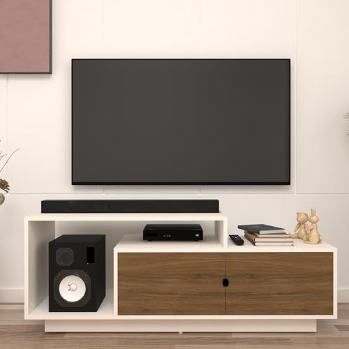 Image of Caspo TV Unit with Storage | Engineered Wood TV Entertainment Unit | Installation Type - DIY(Do-It-Yourself) (Frosty White & Wood Oak Dark)