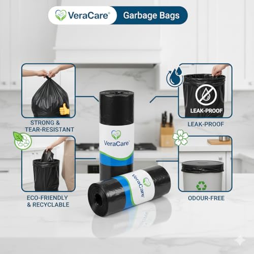Image of VeraCare Eco-Friendly Garbage Bags | 30Pcs | Medium-19 x 21 Inches | 30 Bags x 1 Rolls | Black | Dustbin /Trash Bags with Detachable Drawstrings | For Dry & Wet waste (1)