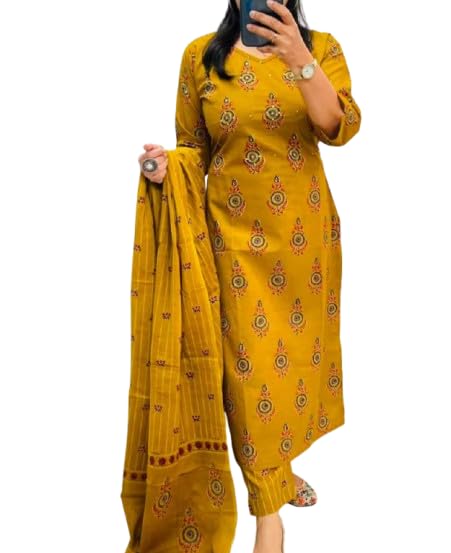 piludi Women’s Mustard Yellow Printed Kurta Pant Dupatta Set | Ethnic Straight Kurti Set for Festive-picture-12