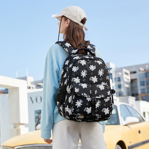 Image of Leaper Women Floral Laptop Backpack Water-resistant College Bags Travel Backpack Flower Daypack Fits 15.6 Inch Laptop Black