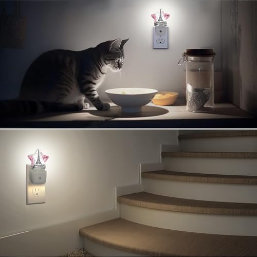 Image of Eiffel Tower Pink Flower Night Light,Dusk to Dawn Smart Sensor Nightlight for Bedroom Bathroom Kitchen Hallway Stairs Hallway,Plug-in,Energy Efficient Decor Desk Lamp Gifts