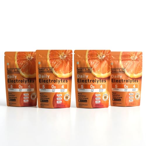 Image of What's Up Wellness Daily Electrolytes Powder - Zesty Orange Flavour | Zero Added Sugar | Instant Hydration - Sodium, Potassium, Magnesium & Zinc | Vegan - 60 Sachets | Pack of 4