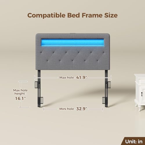 GREENSTELL Headboard for Twin Size Bed with 60,000 DIY Color of LED Light, USB & Type C Post, Upholstered, Height Adjustable, Sturdy, Easy Assembly, Wall Mounted Head Boards Only, Gray by GREENSTELL - Image 4