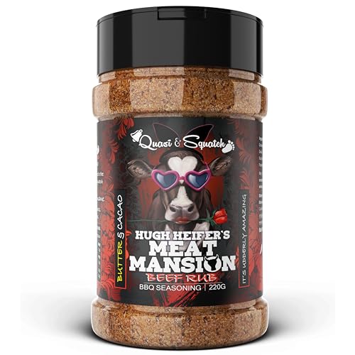 Quasi & Squatch Hugh Heifers Meat Mansion – Brisket Bark Builder Beef Rub | Texas Black Pepper Beef Seasoning for Brisket, Ribs & Steaks | Smoker & Air Fryer | Natural Mahogany Bark | 220g Lar