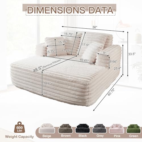 Image of JEEOHEY 56 inch Oversized Chaise Lounge Chair Indoor,Plush Faux Fur Sleeper Sofa Couch Bed with Pillows&Wide Armrests,Fluffy Comfy Cloud Couch,Compression Foam Couch for Living Room,Bedroom(Beige)