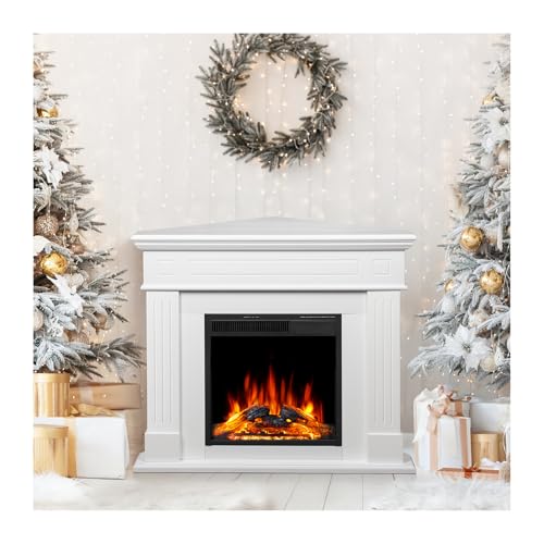 ZAFRO 43 Inch Corner Fireplace TV Stand with Mantel - Electric Fireplace Heater, Wooden Entertainment Center, Adjustable LED Flame, White