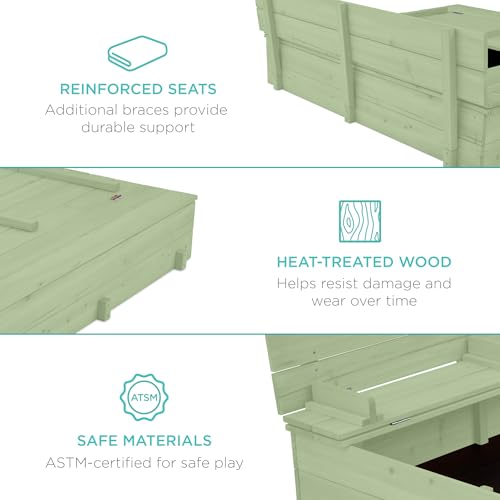 Image of Best Choice Products Large Outdoor Wooden Sand Box for Kids, Sandbox with Cover, Bench Seats Support up to 220 lbs, Bottom Liner for Drainage, Cedar Wood - Sage