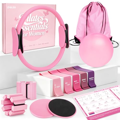 Pilates Kit for Women Pilates Equipment for Home Workouts with 14 Pilates Ring & Mini Ball Resistance Bands Ankle Weights & Sliders for Full Body Toning Strength & Flexibility