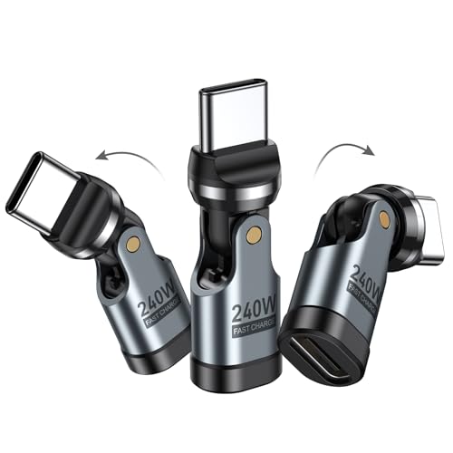AUFU Adaptador USB C a USB C de 240 W, adaptador USBC de 90 grados, 3 unidades, rotación de 540°, carga rápida PD y transferencia de datos tipo C conector en ángulo para Phone16/15, Mac Book Pro
