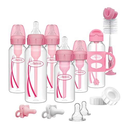 Image of Dr. Brown's Anti-Colic Options+ Narrow Bottle Gift Set with Sippy Straw Bottle, HappyPaci Silicone Pacifiers, Storage/Travel Caps, and Bottle Brush, Pink