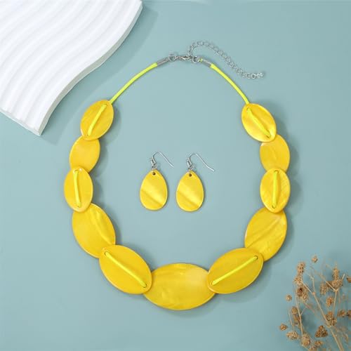 Aenu Large Chunky Geometric Statement Necklace and Earrings Set Colorful Beaded 18” Choker for Women Silver Gold Metal Accents Fashion Jewelry Set Gifts for Holiday (Yellow-1) by Aenu - Used condition - Image 2