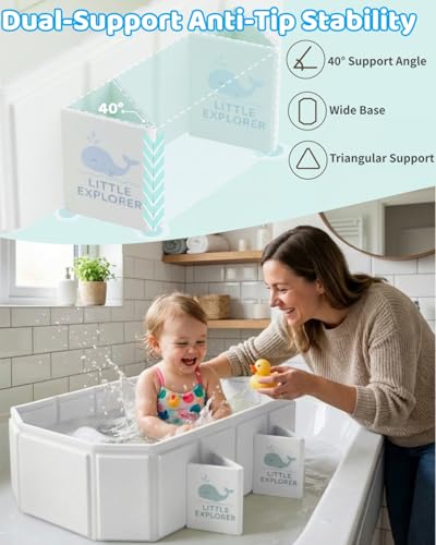 Foldable Baby Bathtub for 0–6 Years, Toddler Bath Tub for Shower, Collapsible Kids Bathtub with 4 Stable Support Legs & Dual Drain Holes, Portable Travel Baby Bath, Easy Storage, Off-White - Image 2