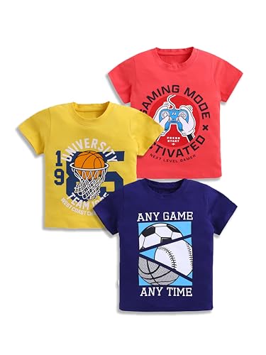 Image of Amazon Brand - Jam & Honey Boys Cotton Graphic Printed Half Sleeves T-Shirt | Regular Fit | Soft & Breathable (Available in Pack of 3 & Pack of 5) (2 to 8 Years)