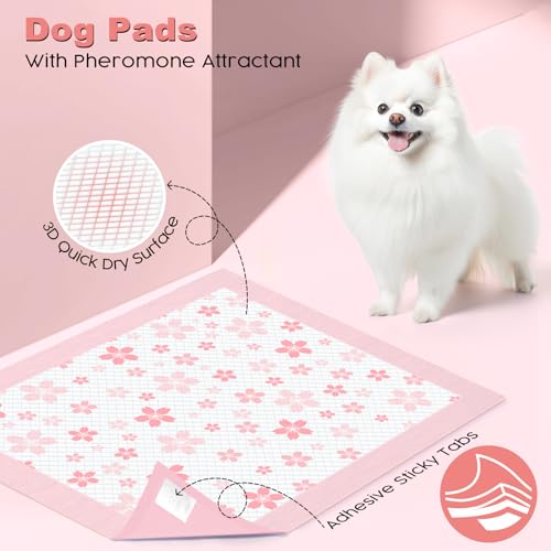 Image of MIZOK Puppy Pads Pink 22x22in, Ultra Absorbent Wee Wee Pads with Pheromone Attractant, Decorative Cherry Blossom 6-Layer Leak-Proof Potty Training Pads, Disposable (100 Count)