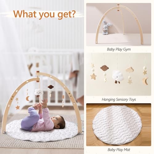 Wooden Baby Play Gym with Play Mat,Foldable Activity Center for Baby with 5 Hanging Sensory Toys,Infant Baby Play Gym with White Playmat for Newborn Baby Girls Baby Boys
