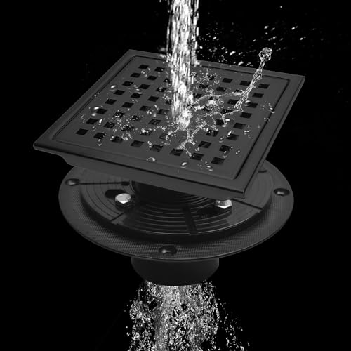 ARAUSK Desagüe de ducha cuadrado, drenaje de piso de ducha de 6 pulgadas con brida, rejilla extraíble con patrón cuadrato, drenaje de piso de baño de acero inoxidable SUS304 con filtro de pelo,