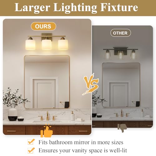 Image of Mecgirn Milk Glass Vanity Lights for Bathroom, 3 Light Brass Bathroom Light Fixtures Over Mirror, Ceramic E26 Sockets Wall Mounted